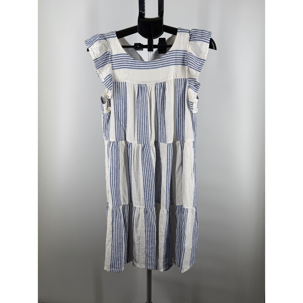 J.Crew Blue White Striped Tiered Linen Blend Ruffle Mini Dress Size 8‎